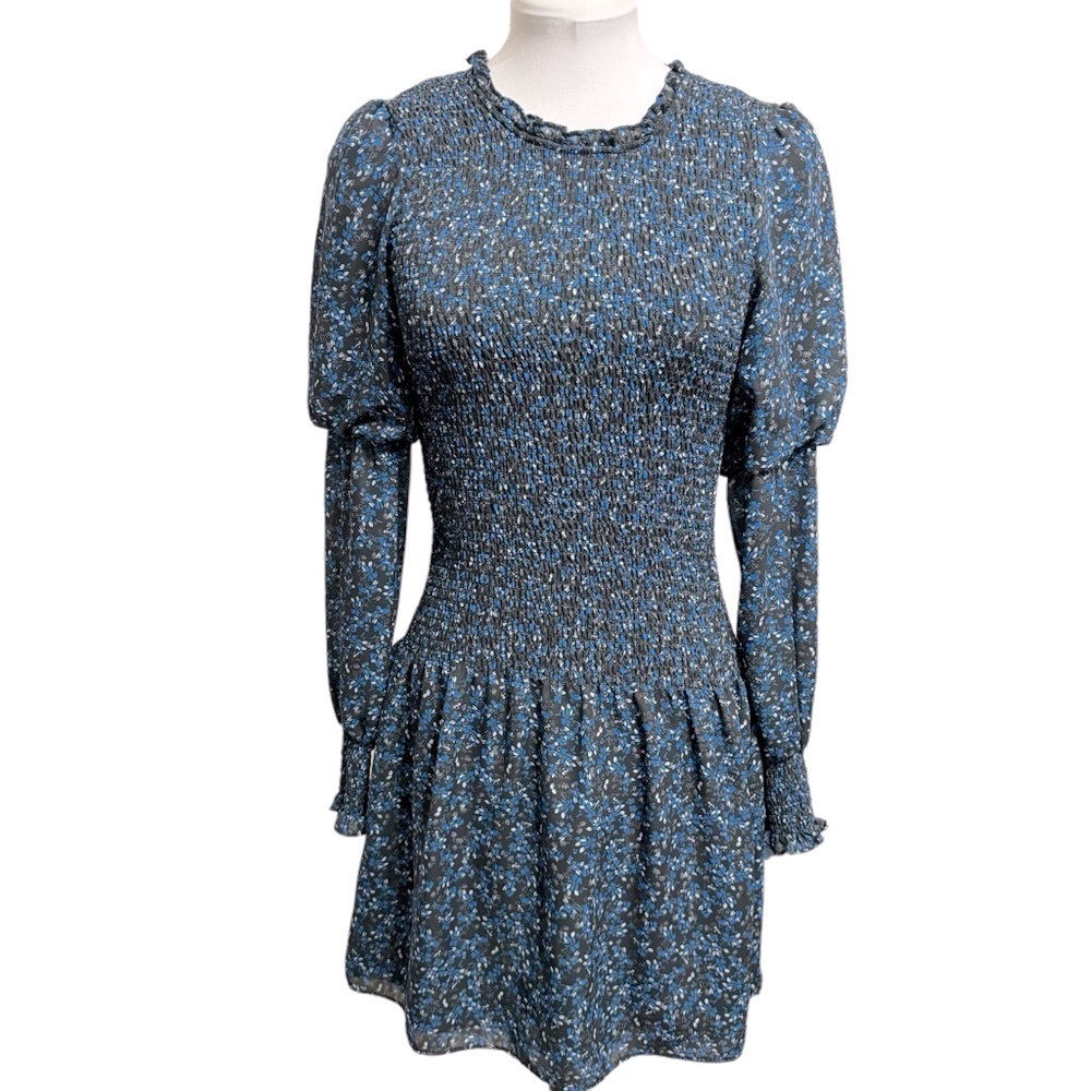 Parker Lilly Puff Sleeve Floral Georgette Dress Sz S Blue Smocked Long Sleeve - Picture 2 of 8